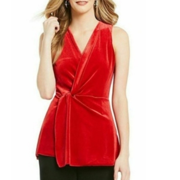 H by Halston Crimson Velvet Velour Sleeveless Surplice Twist Top - Picture 2 of 5